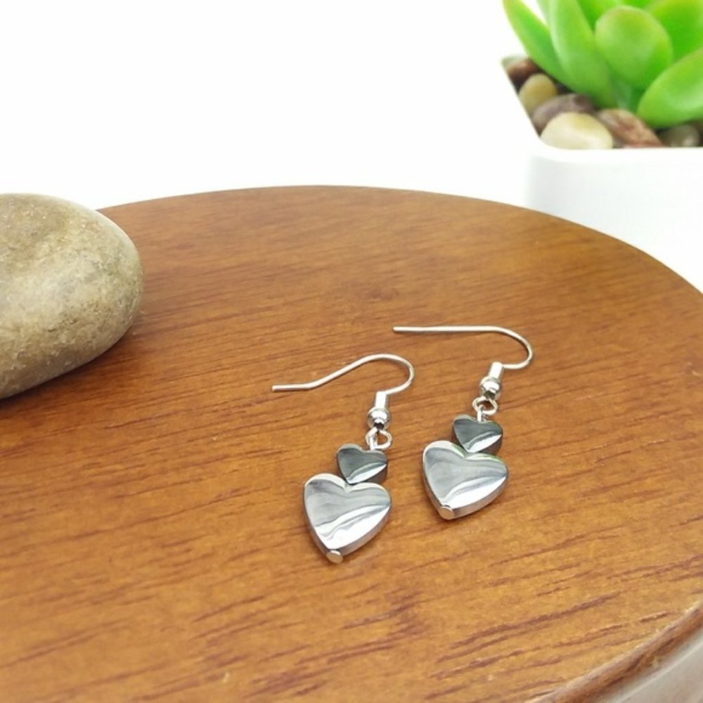 Hematite Heart Bead Silver Tone Hook Earrings